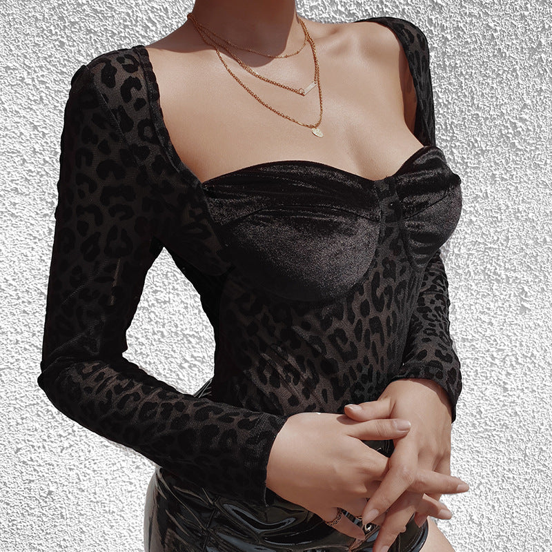 Square Collar Mesh Slim Fit Leopard Long Sleeve Skinny Sexy Bodysuits Wholesale Vendor