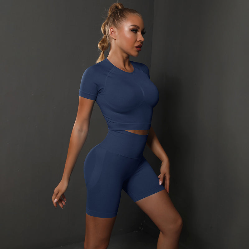 Seamless Solid Color High Elastic Short-Sleeved Shorts Sports Fitness Two-Piece Set Wholesale Women Clothing