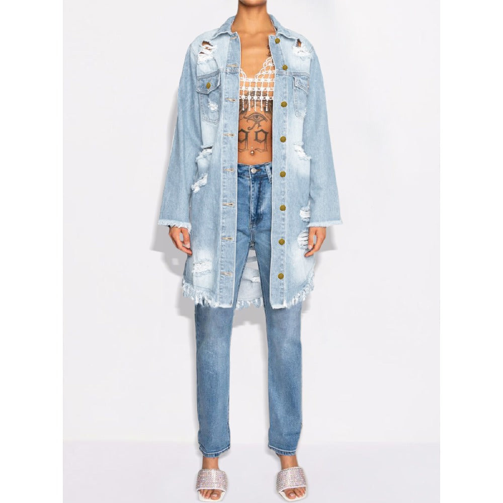 Fashion Long-Sleeved Ripped Hole Mid-Length Denim Jacket Wholesale Womens Clothing