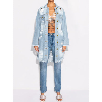 Fashion Long-Sleeved Ripped Hole Mid-Length Denim Jacket Wholesale Womens Clothing