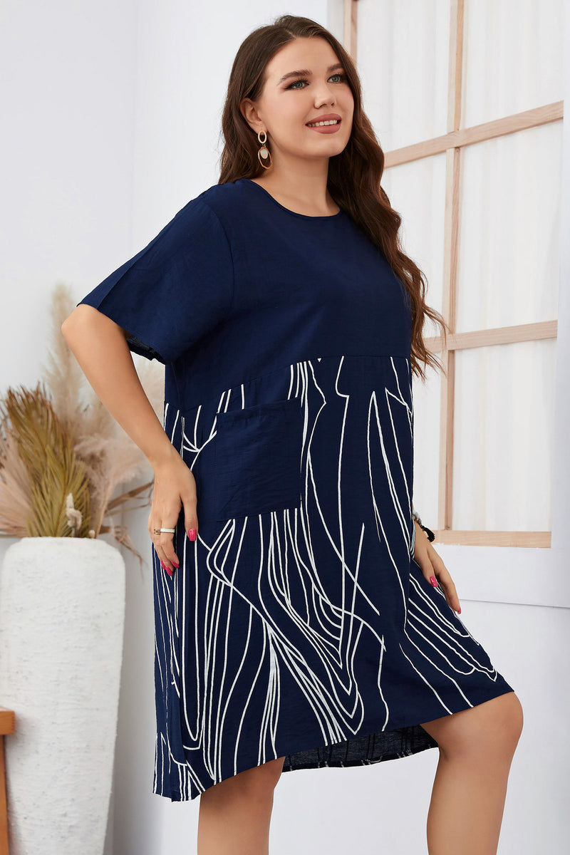Short Sleeve Round Neck Striped Print Wholesale Plus Size Dresses for Summer