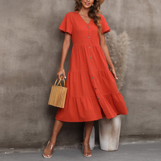 Flare Short Sleeve V-Neck Casual Smocked Dress Wholesale Dresses