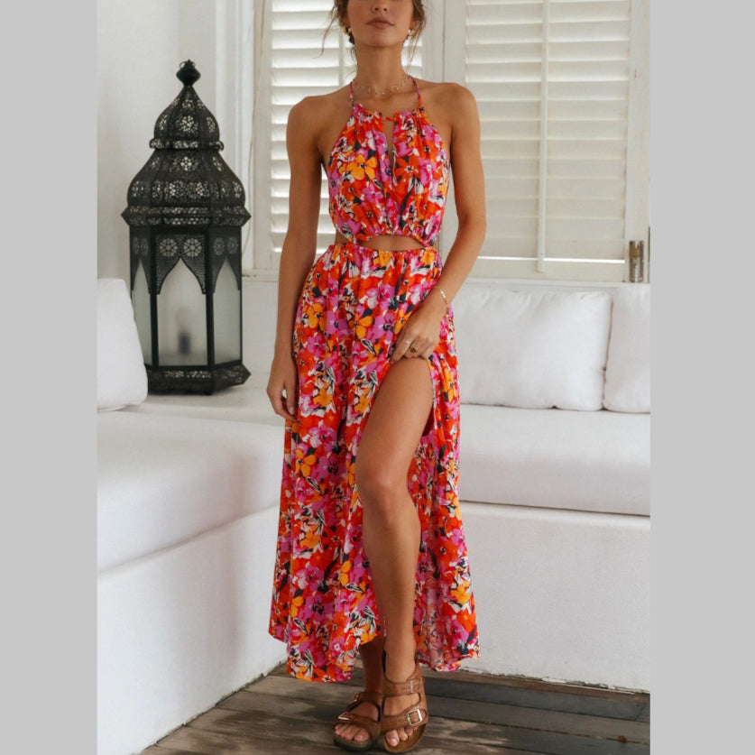 Sexy Halterneck Dress Backless Cutout Vacation Beach High Slit Wholesale Dresses