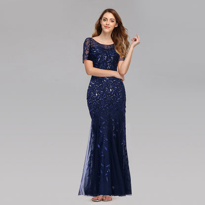 Women Slim Fit Mesh Sleeve Sequin Evening Maxi Dress Wholesale Prom Dresses