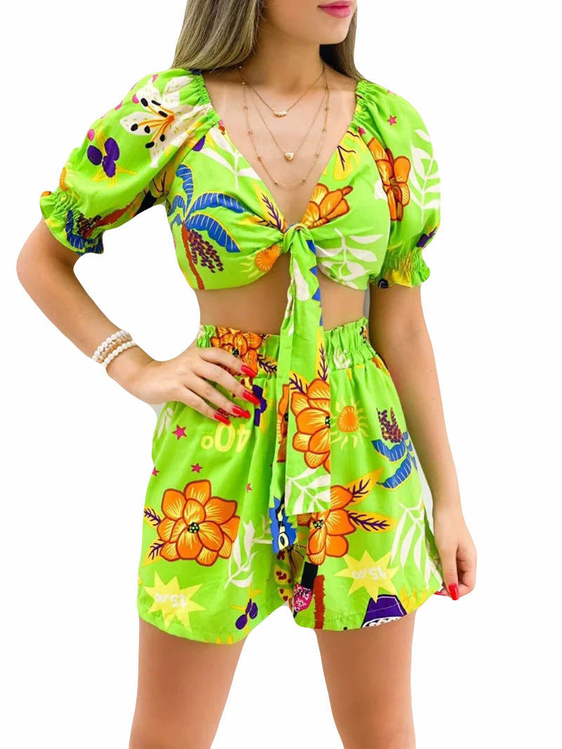 Printed Puff Sleeve Tie-Up Crop Tops & Shorts Sexy Vacation Suits Wholesale Womens 2 Piece Sets