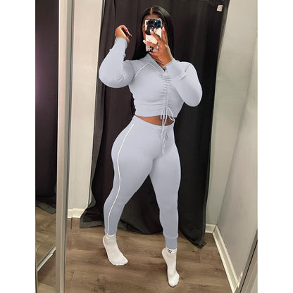 Shirred Hooded Drawstring Long-Sleeve Tops & Leggings Yoga Suits Wholesale Activewear Sets SON561706