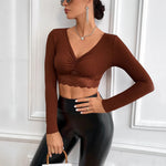 Sexy V Neck Short Slim Shirt Long-Sleeved Solid Color Wholesale Crop Tops
