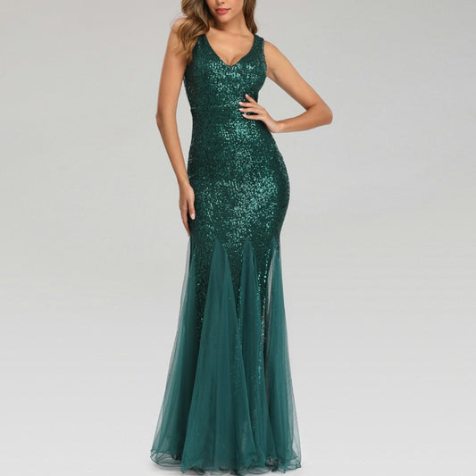 Sleeveless Sequin Mesh Bridesmaid Maxi Evening Dress Wholesale Prom Dresses