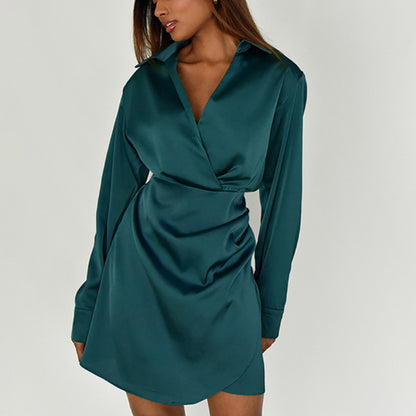 Sexy Lapel Nipped Waist Long Sleeve Wrap Satin Dress Wholesale Dresses