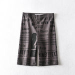 Newspaper Print Stretch Skinny Shorts Wholesale Cycling Mid Pants