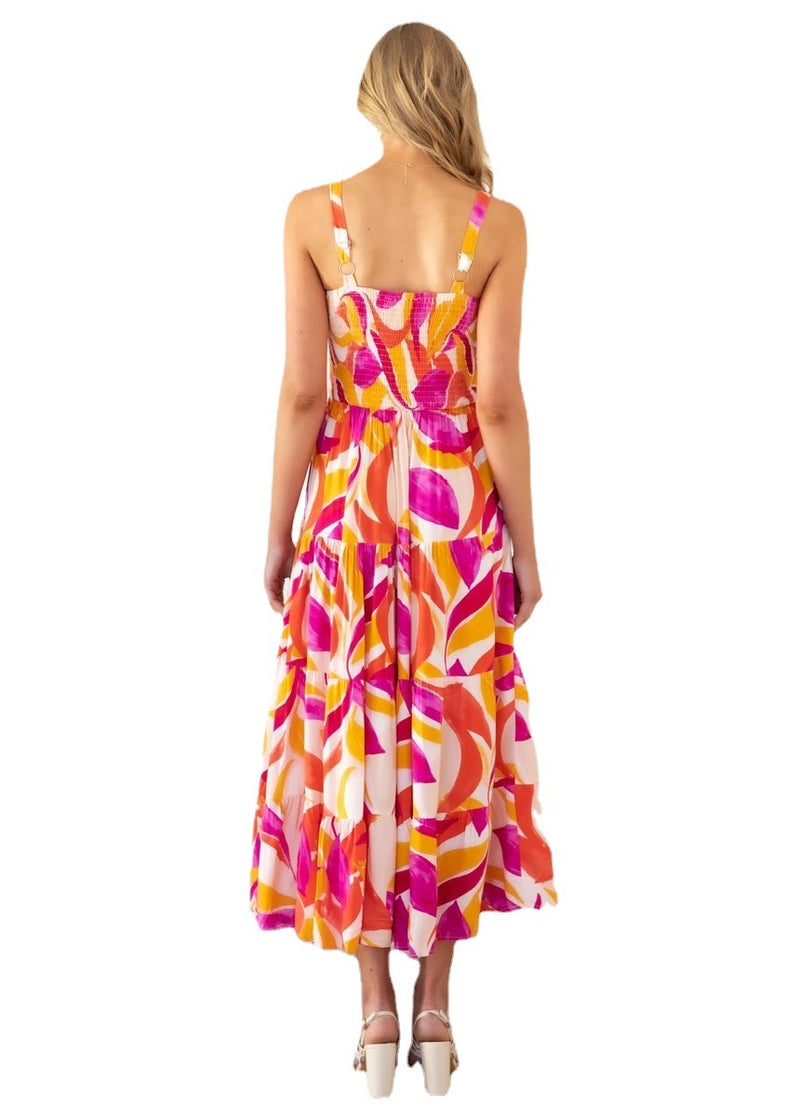 Slim Fit Swing Print Contrast Color Sling Pleated Dress Wholesale Dresses