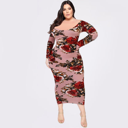 Off Shoulder Floral Print Midi Dress Crew Neck Long Sleeve Sexy Bodycon Wholesale Dresses