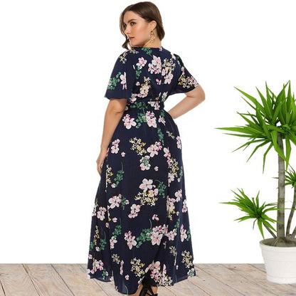 Floral Print V Neck Elegant Curve Dresses Lace Up Short Sleeve Vacation Flowy Dress Wholesale Plus Size Clothing