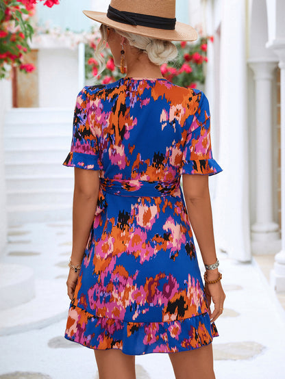 Printed Short Sleeve Nipped Waist Ruffle Wrap Dress Wholesale Dresses