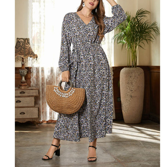 Long Sleeve V Neck Floral Print Tie Waist Chiffon Wholesale Plus Size Dresses for Women