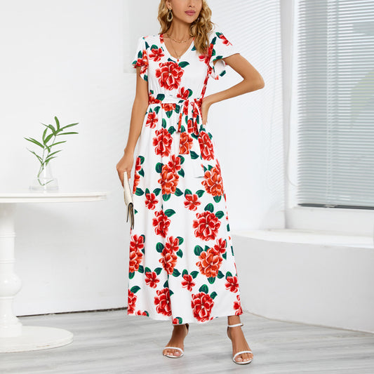 Slim Fit Short Sleeve V Neck Rose Print Dress Wholesale Dresses