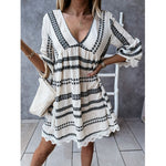Deep-V Ethnic Style Print Flare Sleeve Lace Loose Casual Dress Wholesale Dresses