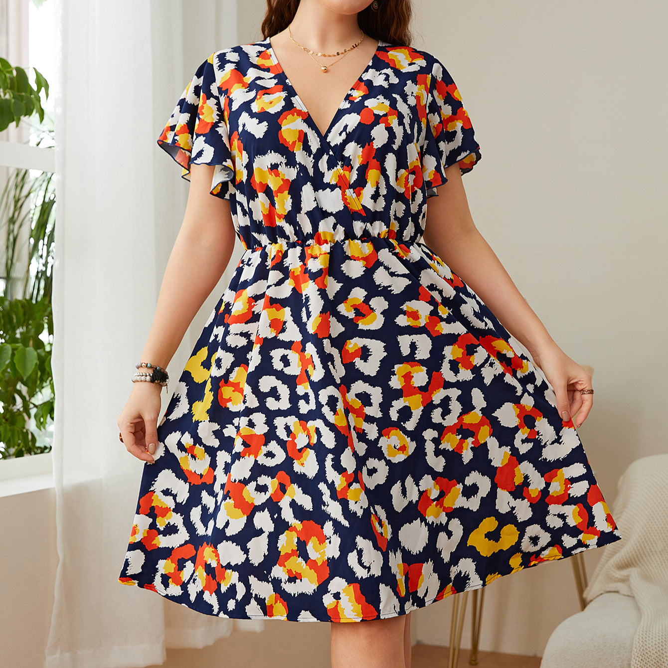 Fashion Print V Neck A-Line Dress Loose Short Sleeve Plus Size Wholesale Dresses