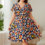 Fashion Print V Neck A-Line Dress Loose Short Sleeve Plus Size Wholesale Dresses