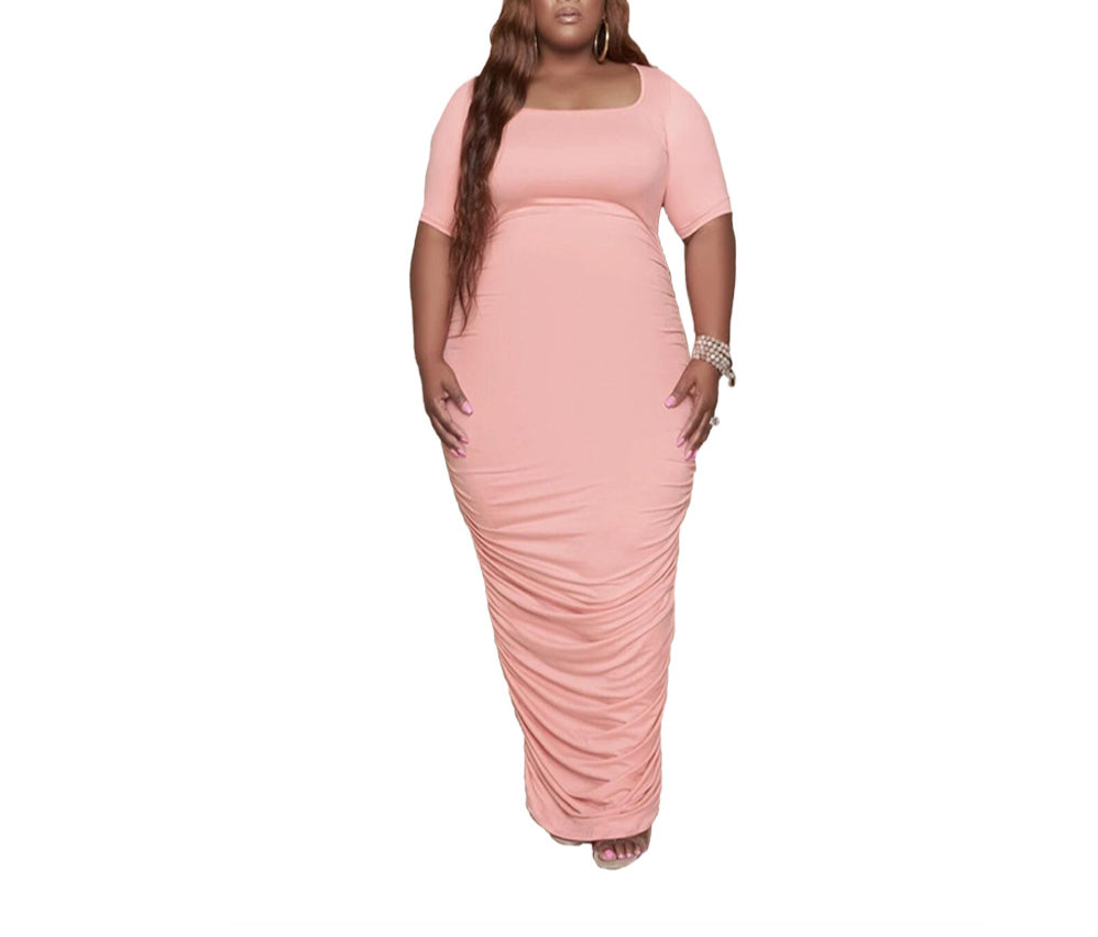 Solid Color Pleated Plus Size Maxi Dress