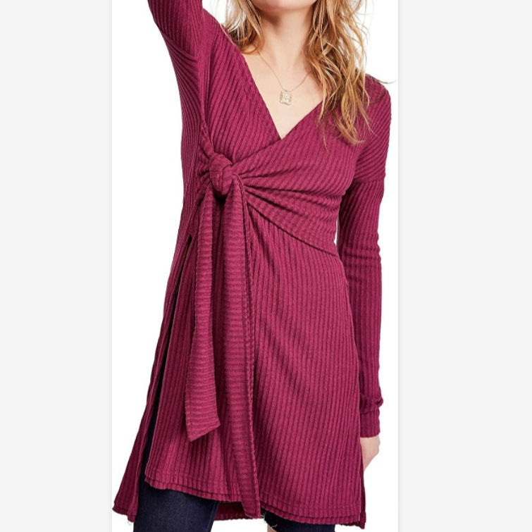 Solid Color Long Sleeve V Neck Tieback Design Slit T Shirt Dress Wholesale Casual Dresses