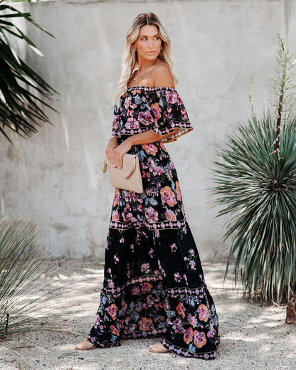 Off Shoulder Floral Print Ruffled Big Lapel Wide Swing Dress Vacation Wholesale Maxi Dresses