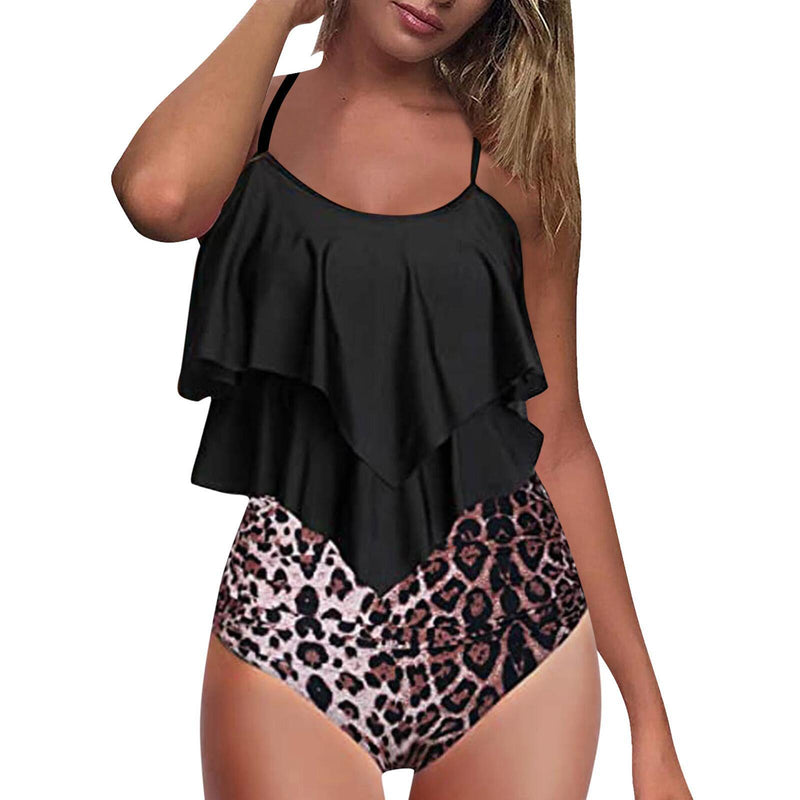 Leopard Print Women'S Swimsuit With Chest Pads Ruffles Fashion Tankini Swimwear Wholesale Vendors