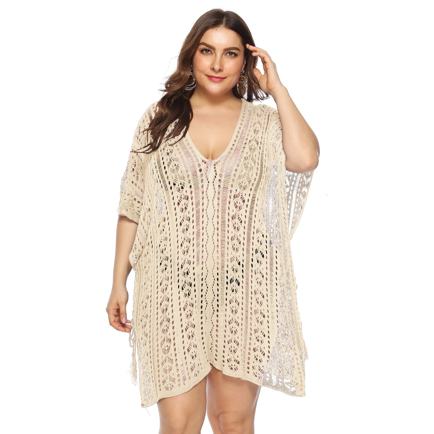 Sexy Cutout Knitted Bikini Cover Up V-Neck Slit Beachwear Curve Dresses Wholesale Plus Size Clothing