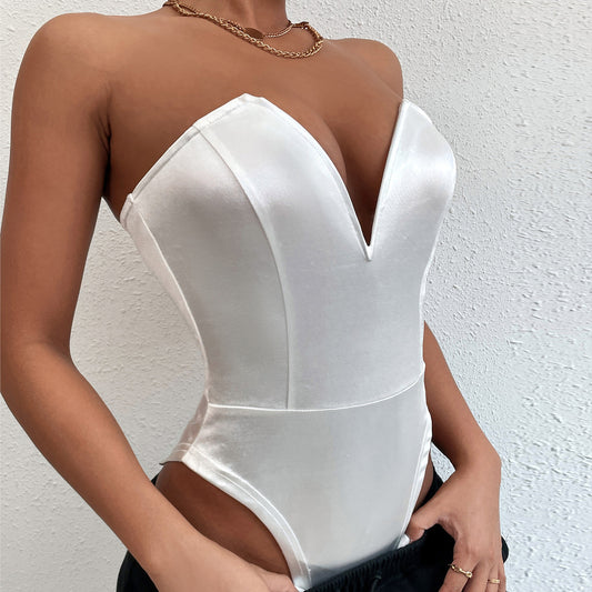 Solid Color Off Shoulder V Neck Tube Top Wholesale Bodysuits For Women