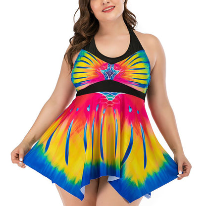 Fashion Printed Halterneck Split Curve Swimwear Sets Wholesale Plus Size Tankini Swimsuits Vendors