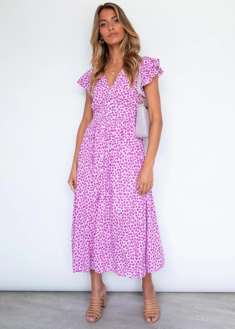 Elegant V-Neck Ruffle Sleeve Printed Midi Dress Wholesale Dresses