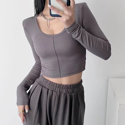 Sexy Slim Solid Color Shirt Crew Neck Shoulder Pads Wholesale Crop Tops