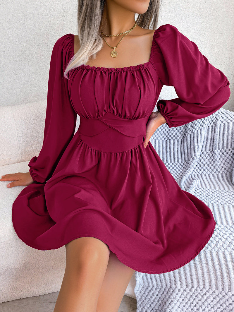 Solid Color Square Neck Slim Pleated Long-Sleeved Mini Dress Wholesale Dresses
