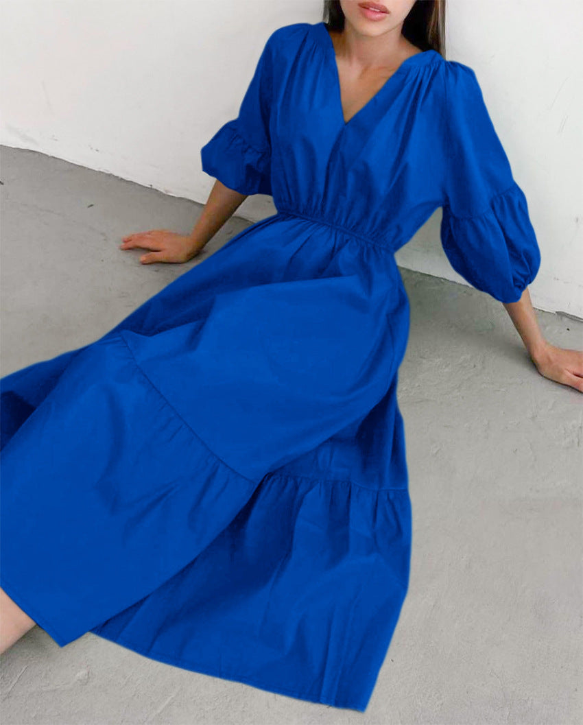 Klein Blue V Neck Puff Sleeve A-Line Dress Solid Color High Waist Midi Wholesale Dresses