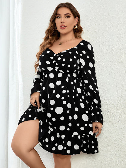 Casual V Neck Long Sleeve Polka Dots Midi A-Line Dress Wholesale Plus Size Clothing