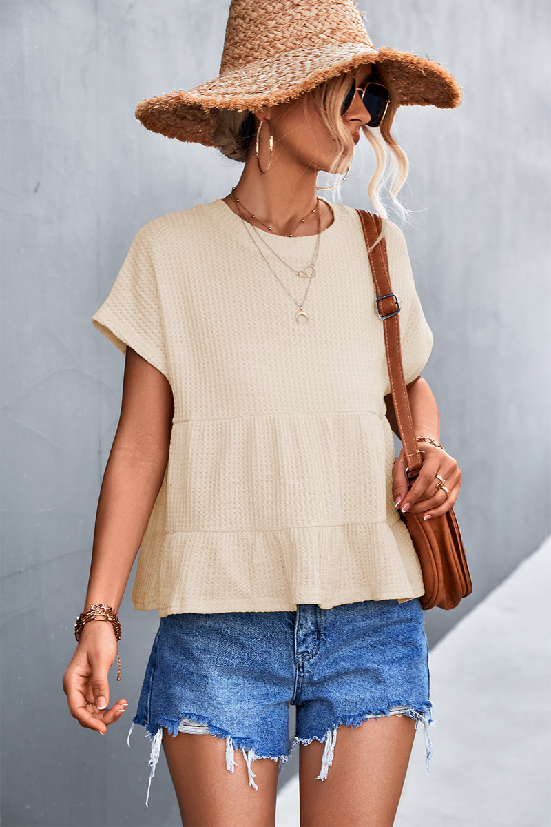 Waffle Round Neck Stitching Top Short Sleeve Solid Color Womens T Shirts Wholesale