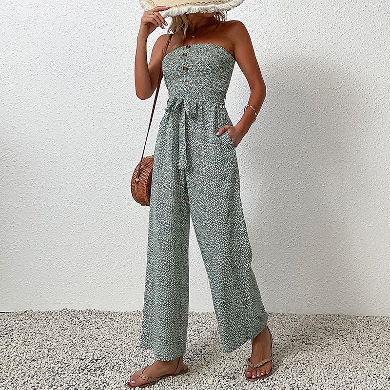 Floral Print Off Shoulder Tie-Up Waist Wrap Chest Women Jump-Suit Wholesale Jumpsuits SJN561298