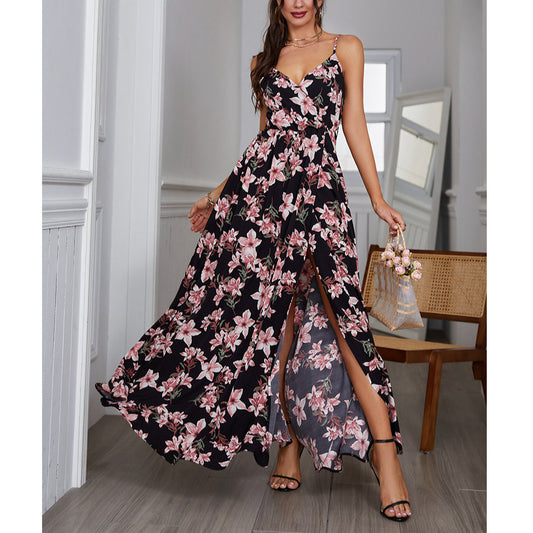 Sexy Suspender V Neck Floral Dress High Slit Backless Maxi Wholesale Dresses