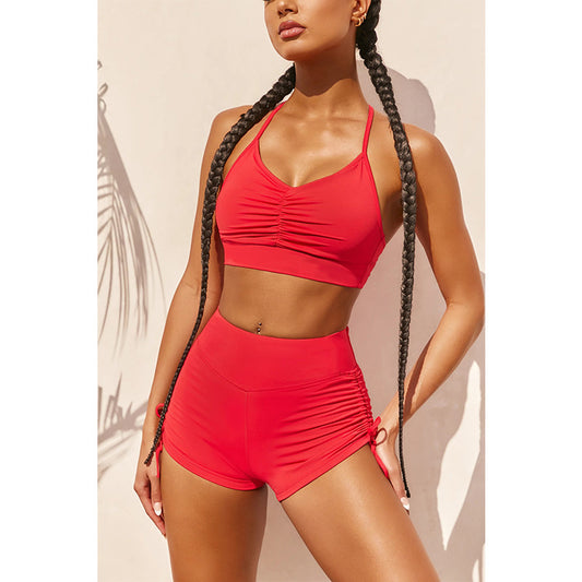 Womens 2 Piece Sets Solid Color Sexy Sling Tank Tops & Drawstring Shorts Sport Wholesale Activewear