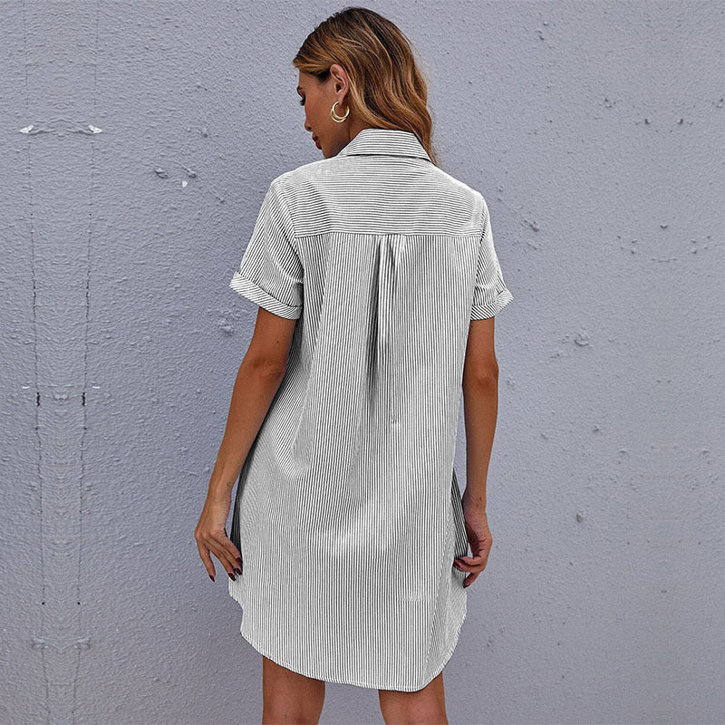 Striped Stand Collar Button Down Irregular Wholesale Shirt Dresses Summer