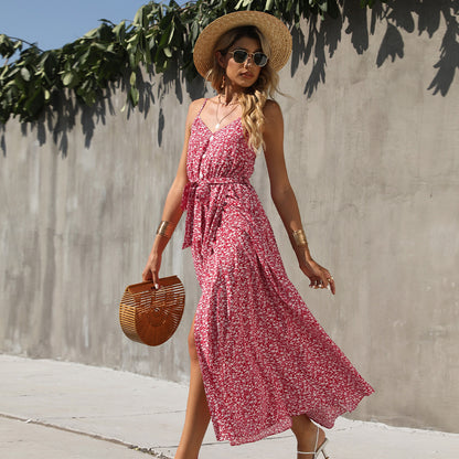 V-Neck Floral Print Lace-Up Resort Sundresses Slit Sling Swing Dress Sexy Wholesale Maxi Dresses