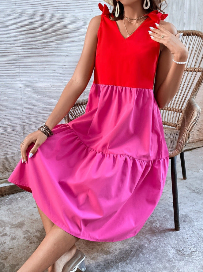 Colorblock Midi Casual Dress Bow Tie Strap Beach Wholesale Dresses Layered Skirts Design
