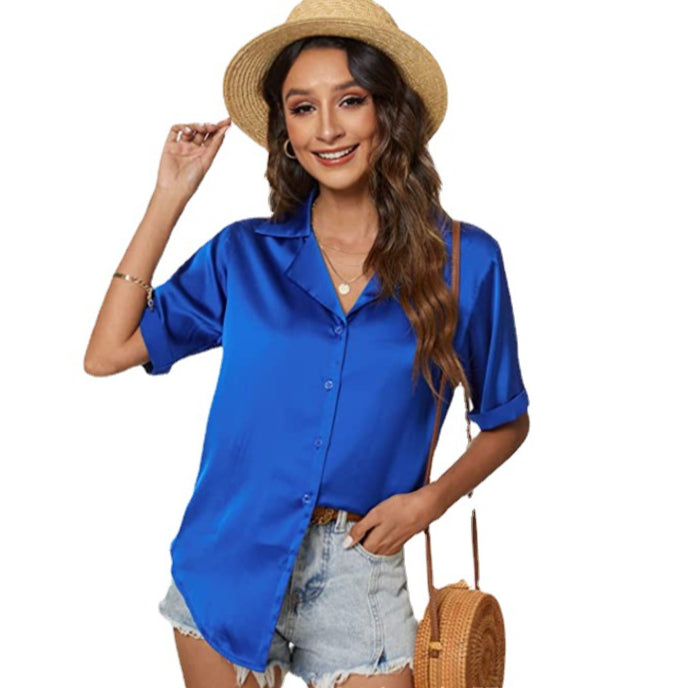 Loose Solid Color Button Bottoming Shirt Short Sleeve Shirt Wholesale Women Tops