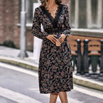 Lace Trim V Neck Long Sleeve Waist Midi Floral Dress Wholesale Dresses