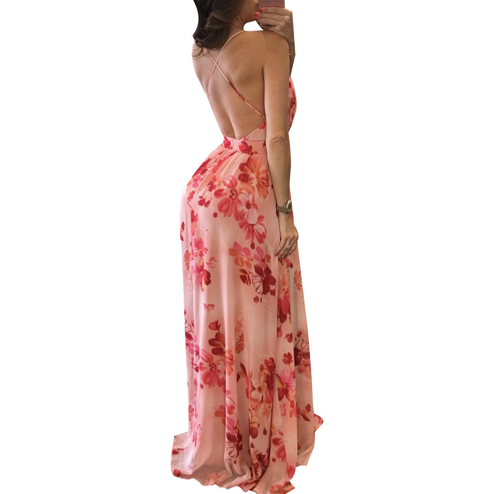 Fashion Print Deep V Neck Open Back Chiffon Beach Sling Wide Swing Dress Sexy Wholesale Maxi Dresses