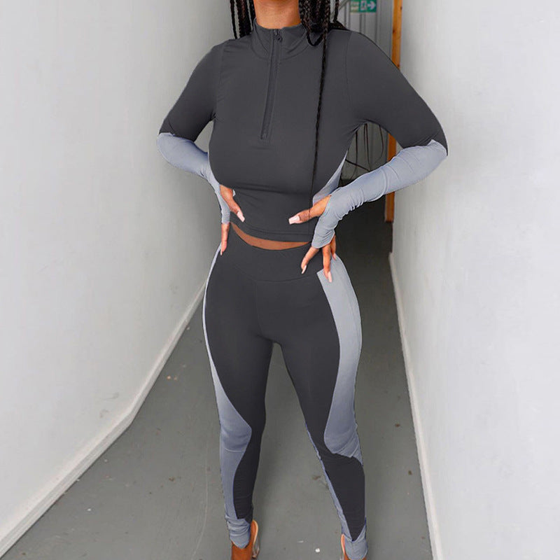 Patchwork Slim Long Sleeve Crop Top + Leggings Wholesale Activewear Sets