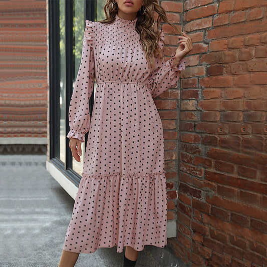 Polka Dot Print Agaric Laces Long Sleeve Swing Dress Wholesale Dresses