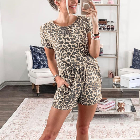 Summer Casual Leopard Wholesale Women 2 Piece Sets Short Sleeve T-Shirt & Drawstring Shorts