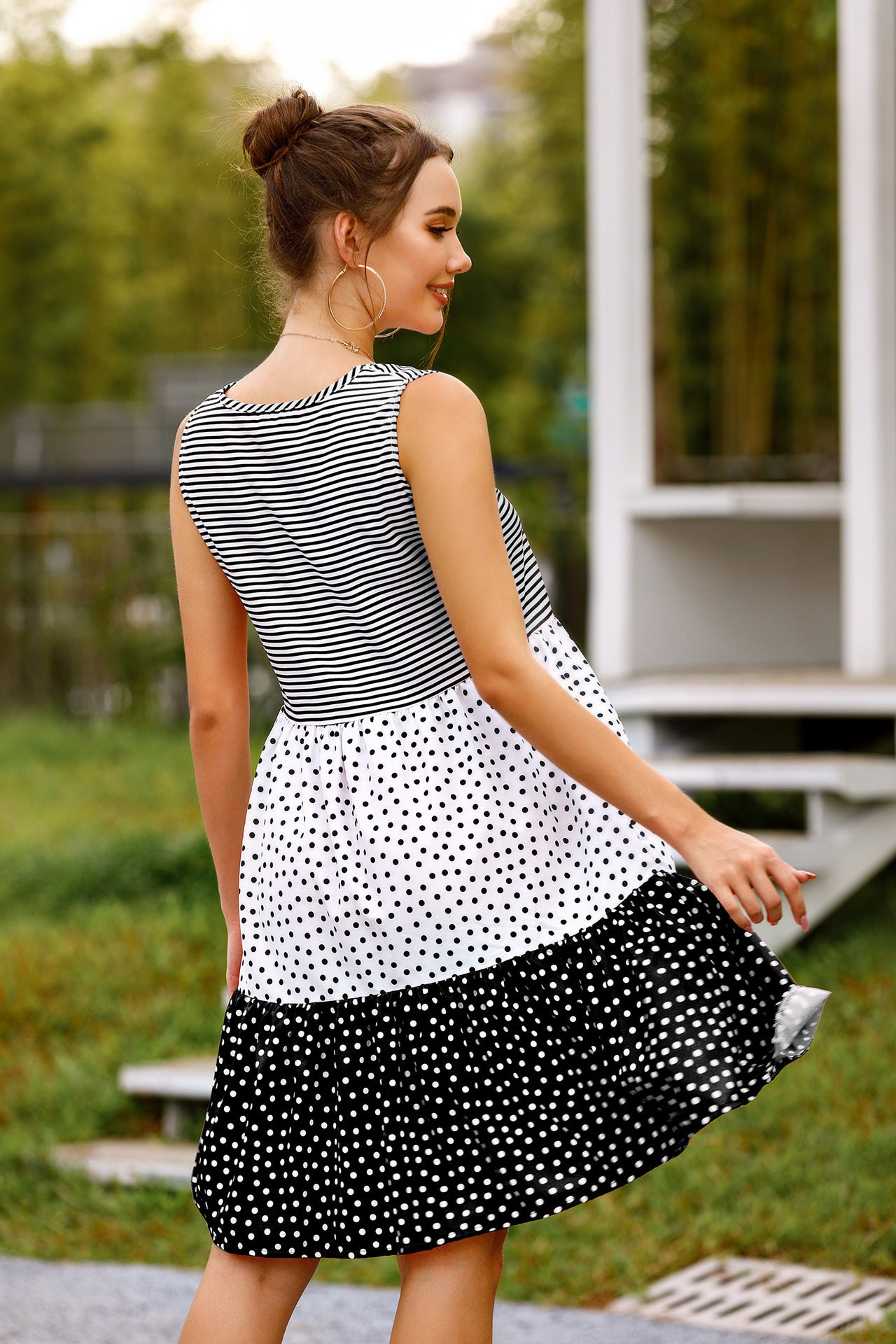 Polka Dot Striped Colorblock Print Crew Neck Fashion Sleeveless Loose Tank Smocked Dress Wholesale Casual Dresses