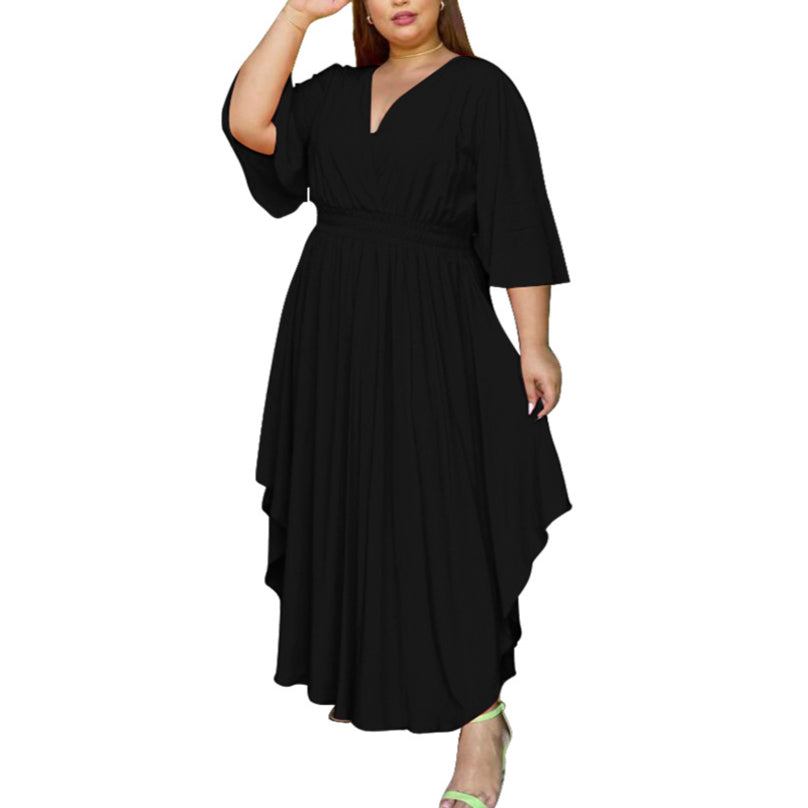 V-Neck Flared Sleeve Women Curvy Flowy Dresses Wholesale Plus Size Maxi Dresses